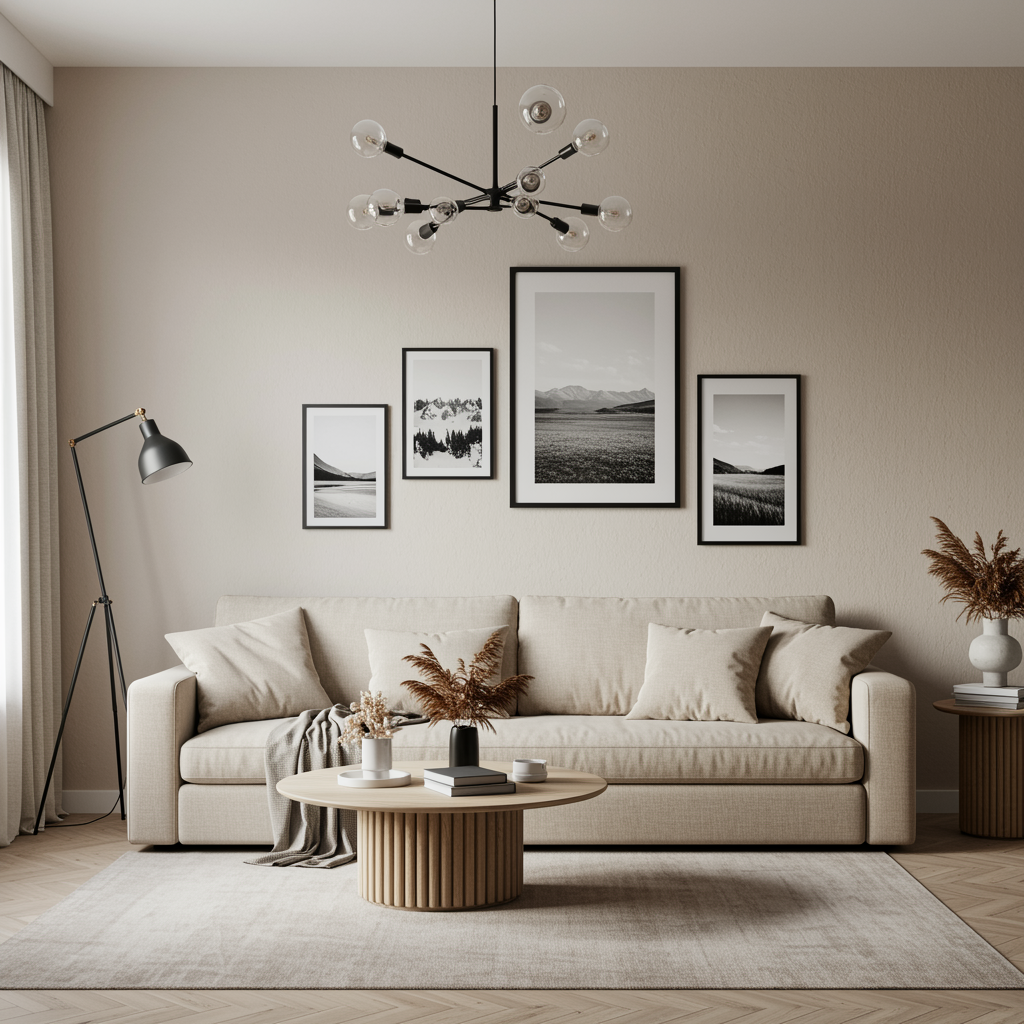 Modern living room with beige sofa, coffee table, and wall art